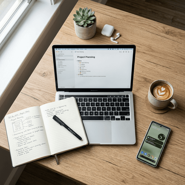Laptop and notebook on desk