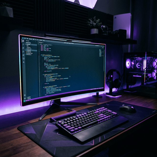 Purple lit coding setup
