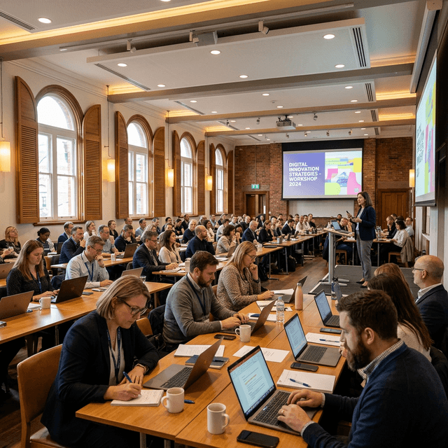 Workshop presentation with attendees in a classroom