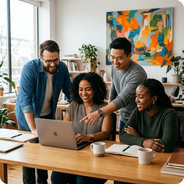 Team collaborating around a laptop in a modern office