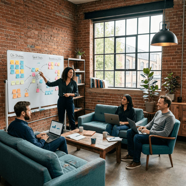 Team collaborating at whiteboard in modern office